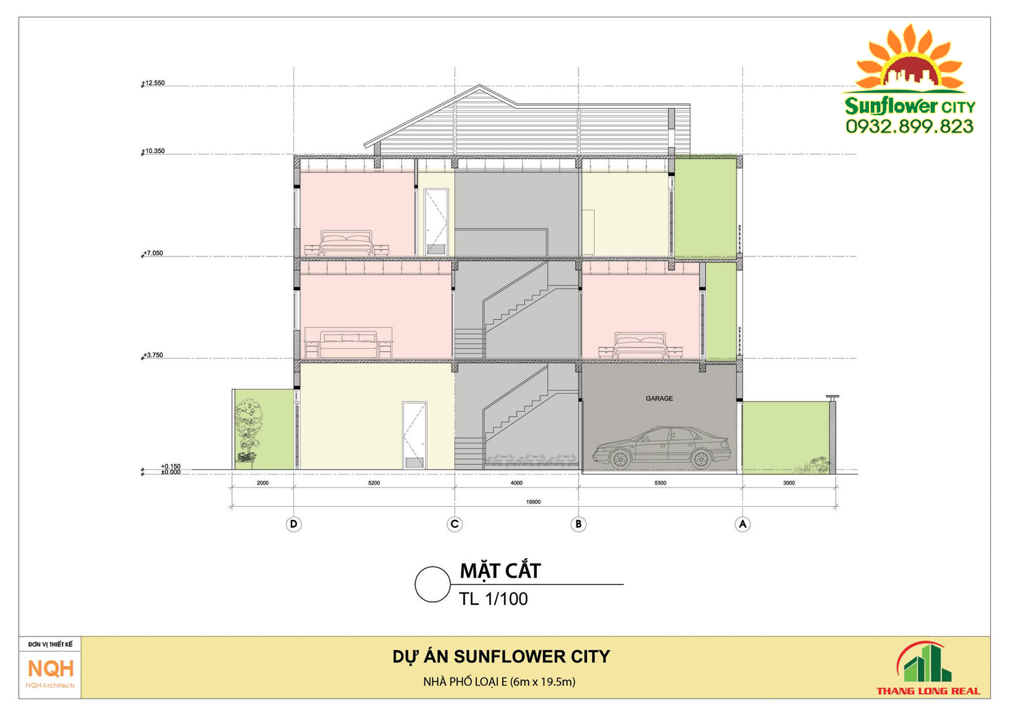 Mặt cắt thiết kế nhà phố Sunflower city có Gara ô tô